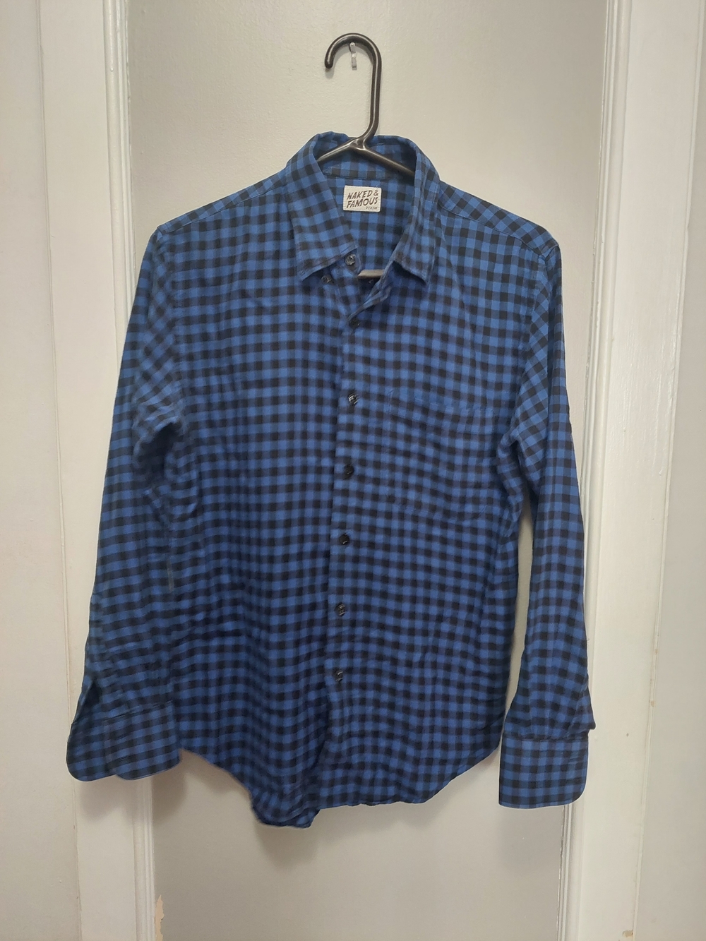Naked & Famous Denim Blue and Black Plaid Cotton Button-Down Shirt